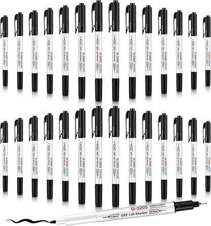 3 Pcs Alcohol Resistant Laboratory Markers, Black Dual Head Permanent Freezer Pens with 0.5mm Fine Point and 1.0mm Makers Tip, Designed for Industrial, Lab and Hospital Use (2 Black & 1 Red)
