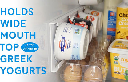Yogurt Organizer for Fridge - Hold 4 Wide-Mouth Greek Yogurt Cups - Peel and Stick Yogurt Storage Organizer for Refrigerator - White