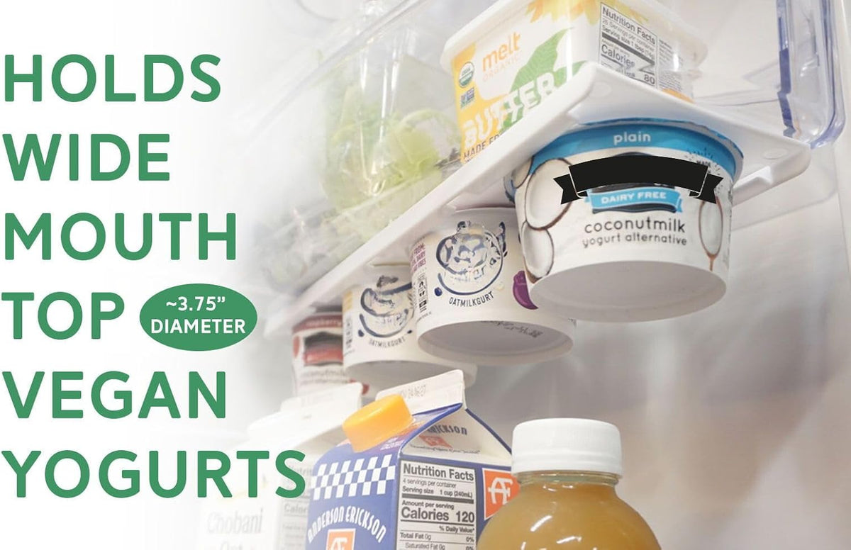 Yogurt Organizer for Fridge - Hold 4 Wide-Mouth Greek Yogurt Cups - Peel and Stick Yogurt Storage Organizer for Refrigerator - White