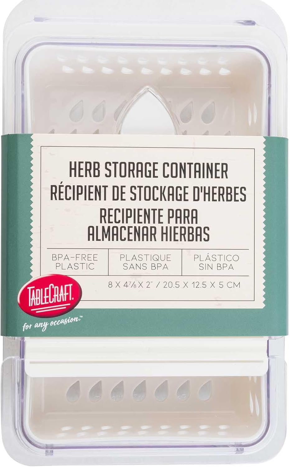 Herb & Produce Storage Container – 8 x 4.875 x 2 Inches, White BPA-Free SAN Plastic, Airtight with Ventilation for Freshness, Fridge- & Counter-Friendly Herb Keeper, Dishwasher Safe