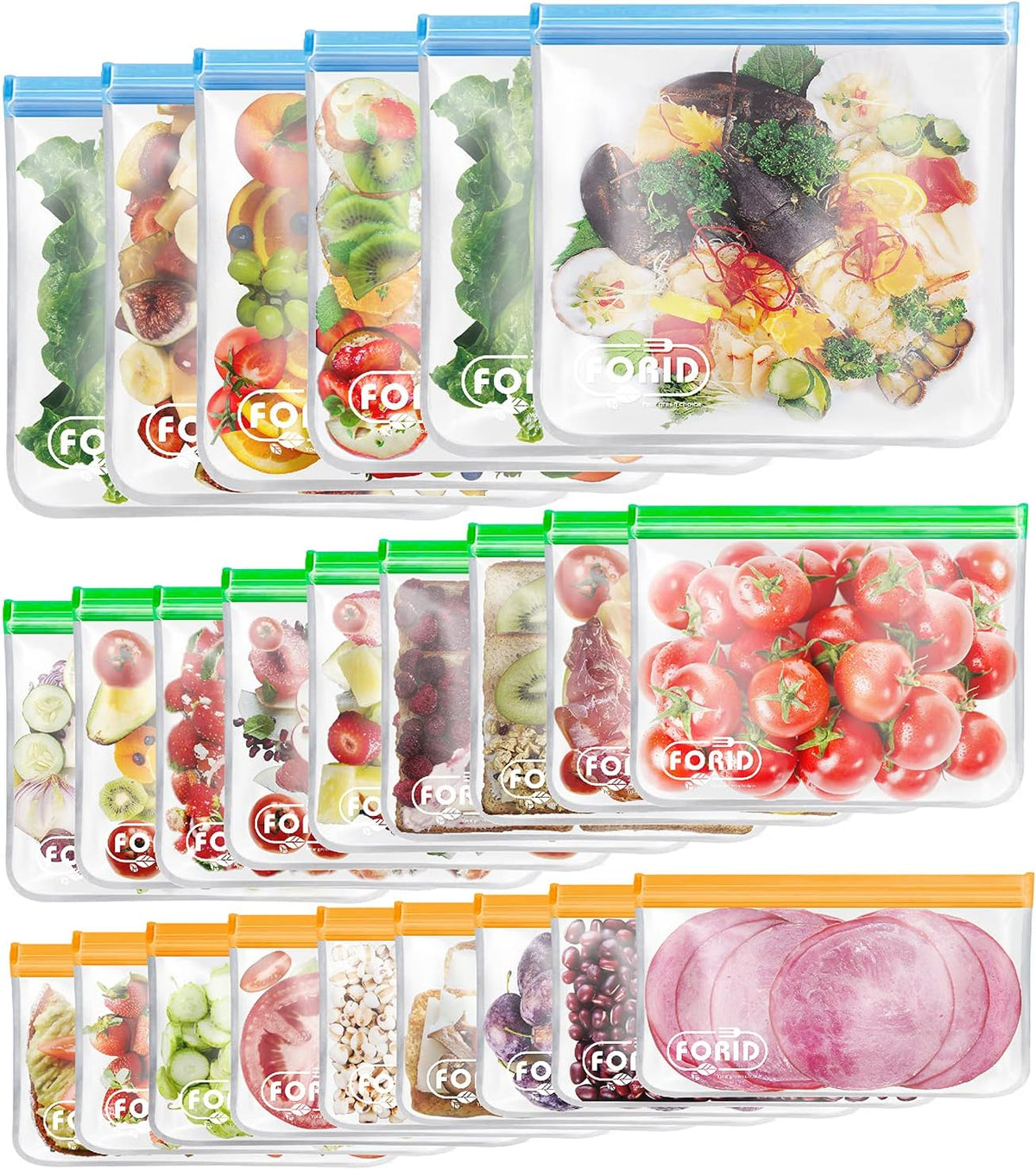 24 Pack Reusable Food Storage Bags, Silicone Gallon Freezer Bags, Sandwich Snack Resealable Lunch Bags, Extra Thick Leakproof for Marinate Food, Fruit Cereal Travel Items Home Kitchen
