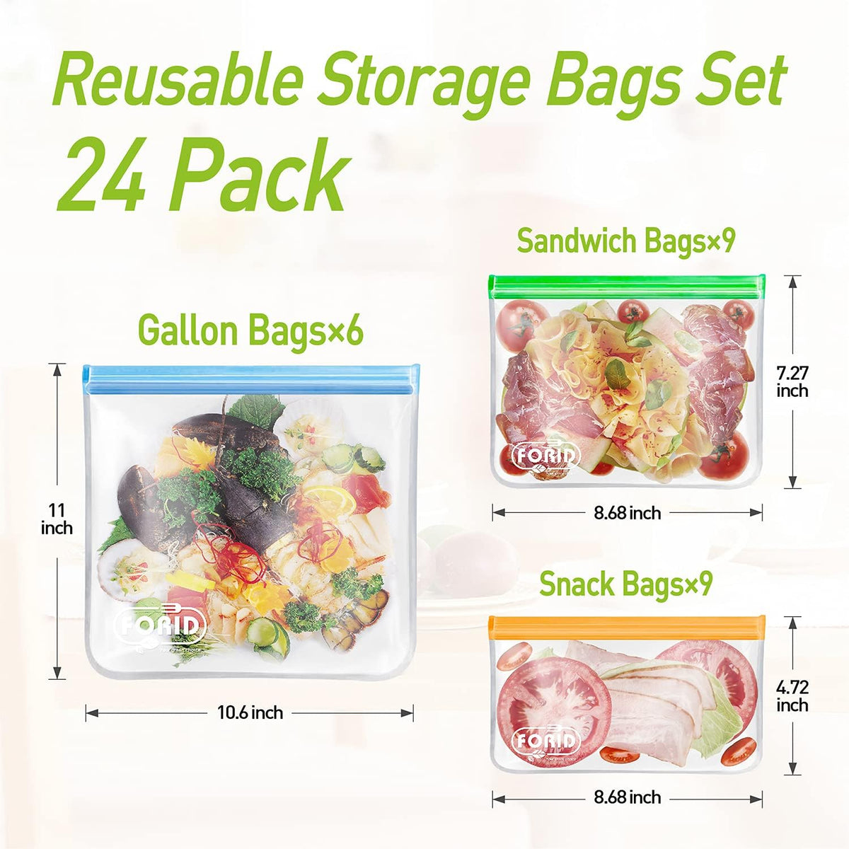 24 Pack Reusable Food Storage Bags, Silicone Gallon Freezer Bags, Sandwich Snack Resealable Lunch Bags, Extra Thick Leakproof for Marinate Food, Fruit Cereal Travel Items Home Kitchen