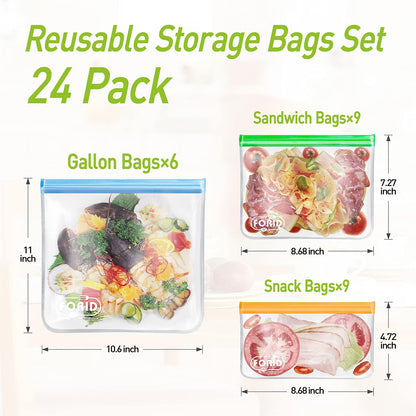 24 Pack Reusable Food Storage Bags, Silicone Gallon Freezer Bags, Sandwich Snack Resealable Lunch Bags, Extra Thick Leakproof for Marinate Food, Fruit Cereal Travel Items Home Kitchen