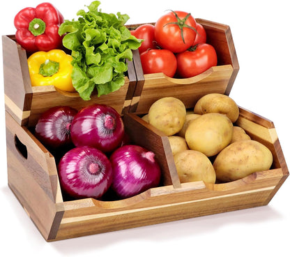 Acacia Wood Pantry Storage Bins, Stackable 3-piece set | Moisture-resistant hardwood with ventilated open front. Stores potatoes, onions, vegetables, and fruits on countertop