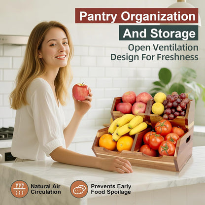 Acacia Wood Pantry Storage Bins, Stackable 3-piece set | Moisture-resistant hardwood with ventilated open front. Stores potatoes, onions, vegetables, and fruits on countertop