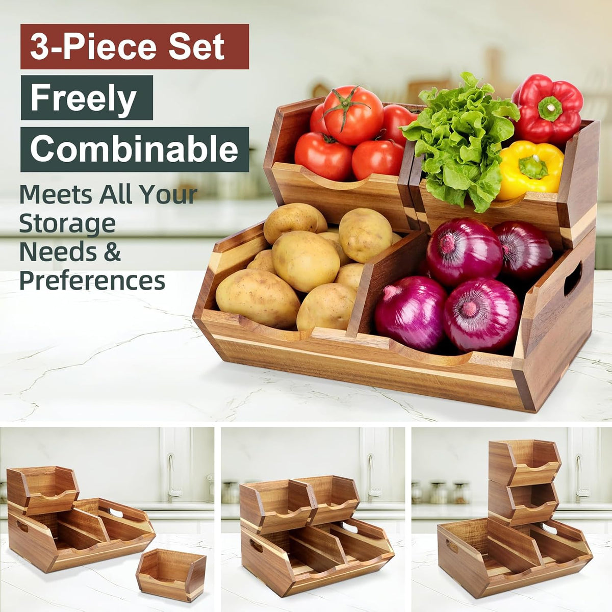 Acacia Wood Pantry Storage Bins, Stackable 3-piece set | Moisture-resistant hardwood with ventilated open front. Stores potatoes, onions, vegetables, and fruits on countertop