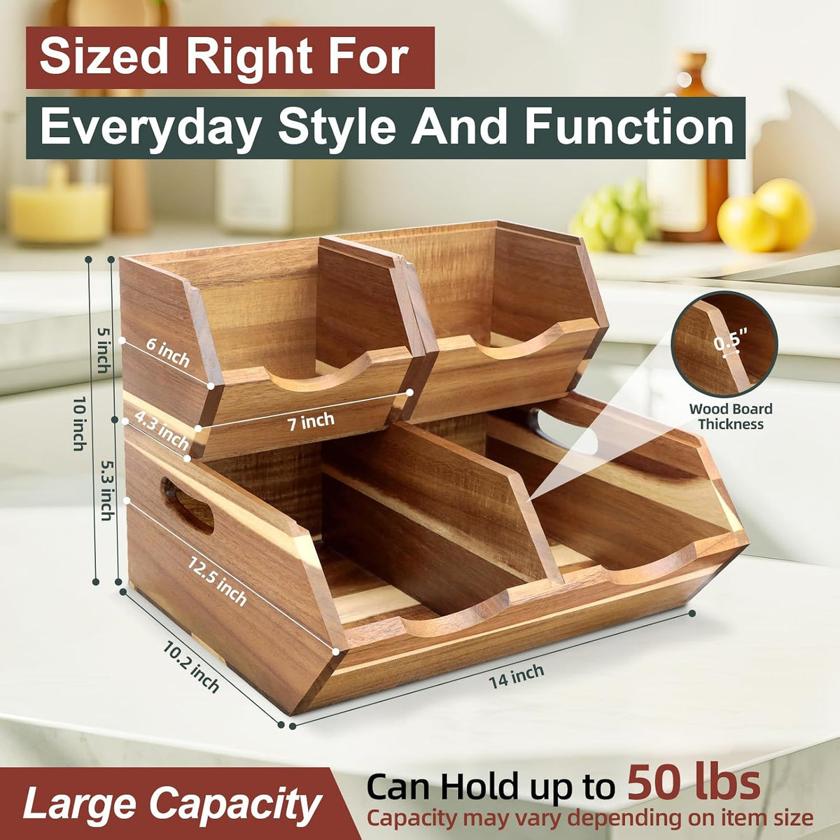 Acacia Wood Pantry Storage Bins, Stackable 3-piece set | Moisture-resistant hardwood with ventilated open front. Stores potatoes, onions, vegetables, and fruits on countertop