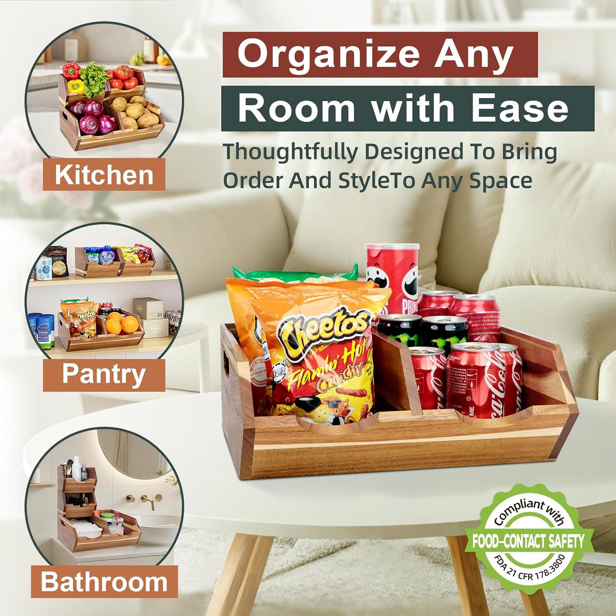 Acacia Wood Pantry Storage Bins, Stackable 3-piece set | Moisture-resistant hardwood with ventilated open front. Stores potatoes, onions, vegetables, and fruits on countertop