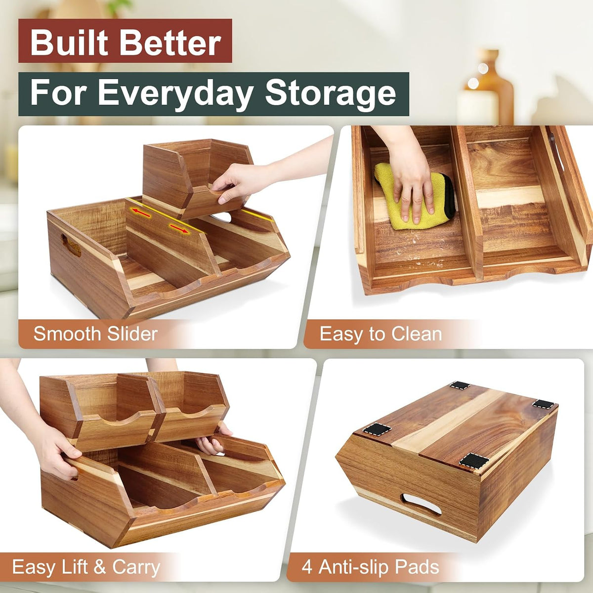 Acacia Wood Pantry Storage Bins, Stackable 3-piece set | Moisture-resistant hardwood with ventilated open front. Stores potatoes, onions, vegetables, and fruits on countertop