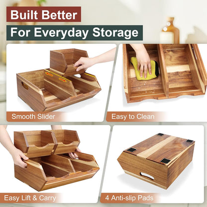Acacia Wood Pantry Storage Bins, Stackable 3-piece set | Moisture-resistant hardwood with ventilated open front. Stores potatoes, onions, vegetables, and fruits on countertop
