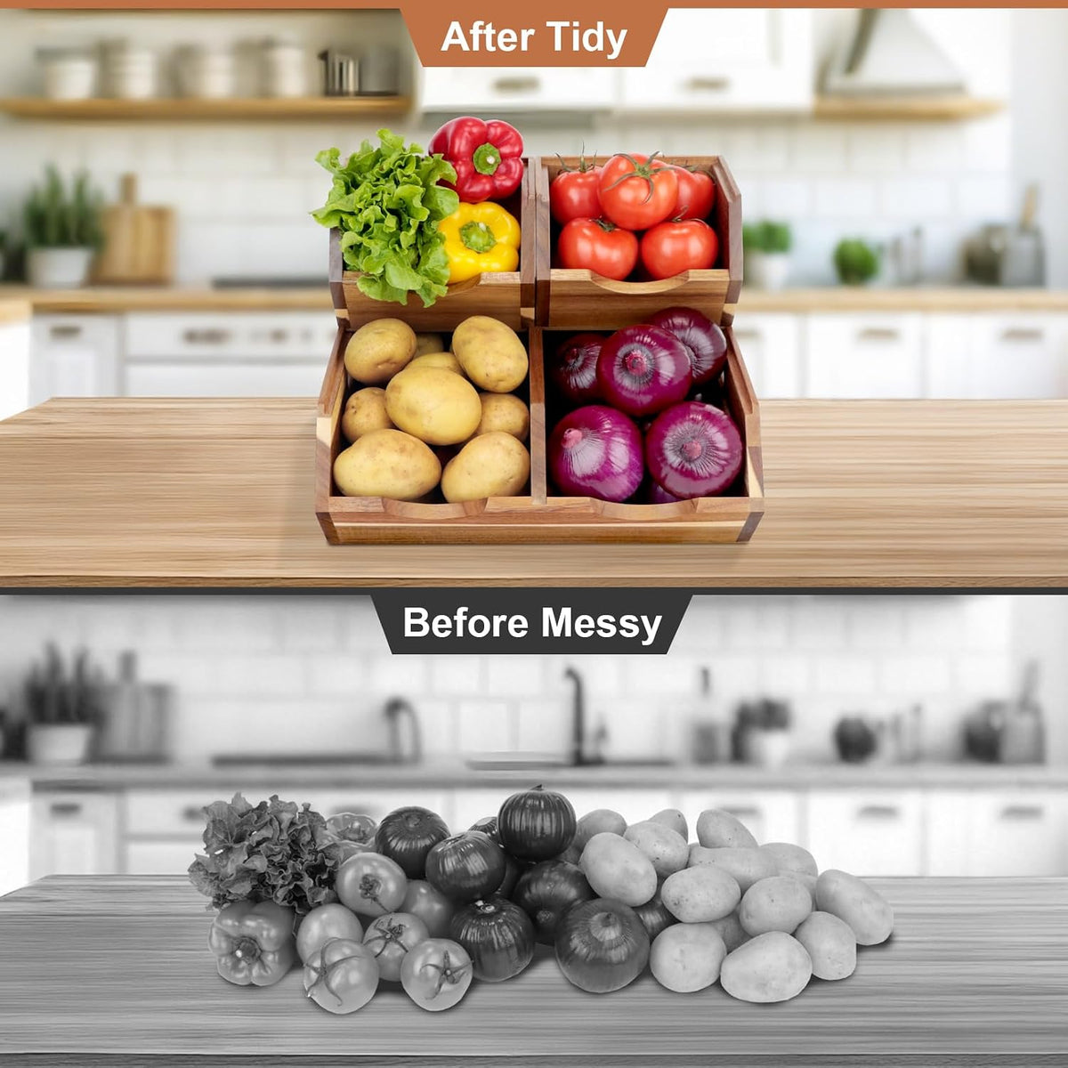 Acacia Wood Pantry Storage Bins, Stackable 3-piece set | Moisture-resistant hardwood with ventilated open front. Stores potatoes, onions, vegetables, and fruits on countertop