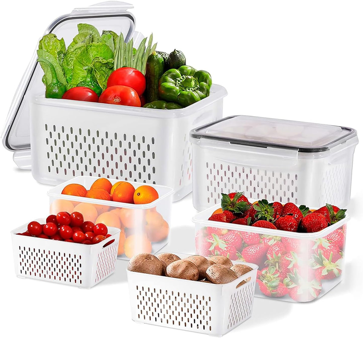 3pcs 4 in 1 Fruit Containers for Fridge with Removable Colanders and Lids, Airtight Storage Container to Keep Fruits, Vegetables, Berry, Meat Fresh Longer, Dishwasher & Microwave Safe