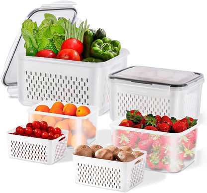 3pcs 4 in 1 Fruit Containers for Fridge with Removable Colanders and Lids, Airtight Storage Container to Keep Fruits, Vegetables, Berry, Meat Fresh Longer, Dishwasher & Microwave Safe