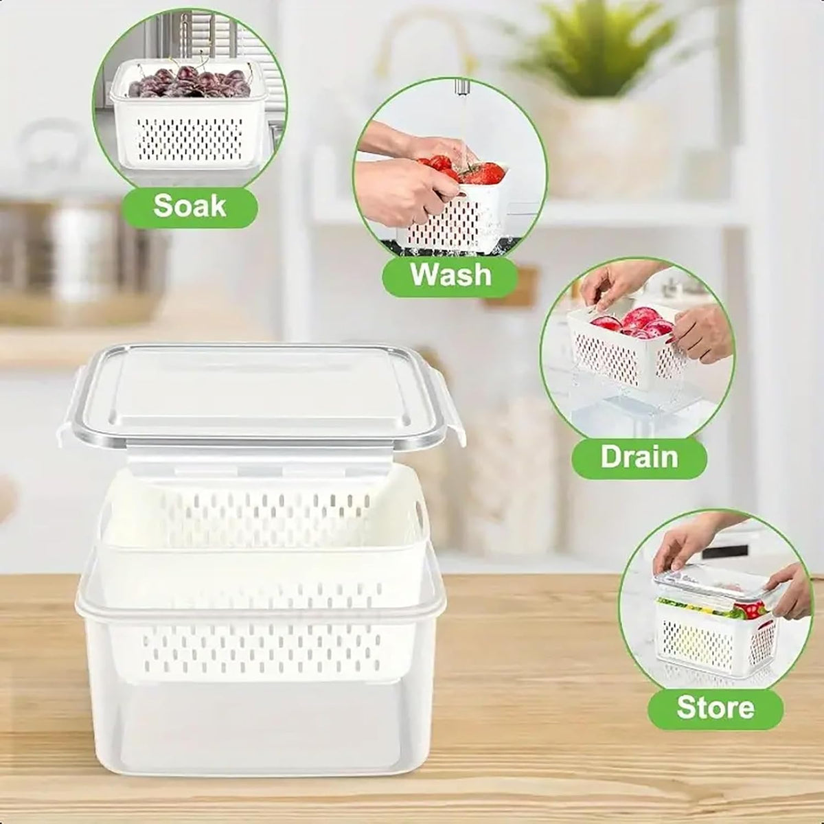 3pcs 4 in 1 Fruit Containers for Fridge with Removable Colanders and Lids, Airtight Storage Container to Keep Fruits, Vegetables, Berry, Meat Fresh Longer, Dishwasher & Microwave Safe