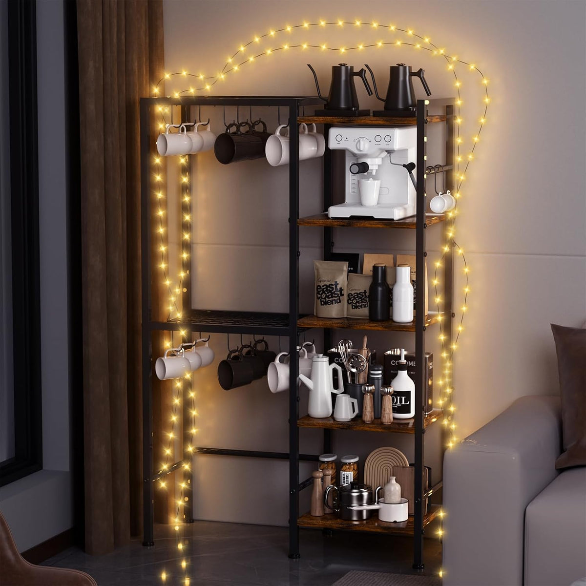 5-Tier Pot and Pan Organizer Rack with Hooks, Heavy-Duty Kitchen Storage Shelf for Cookware, Dishes, and Utensils, Freestanding Metal Pot Rack Organizer for Kitchen, Pantry, or Dining Room