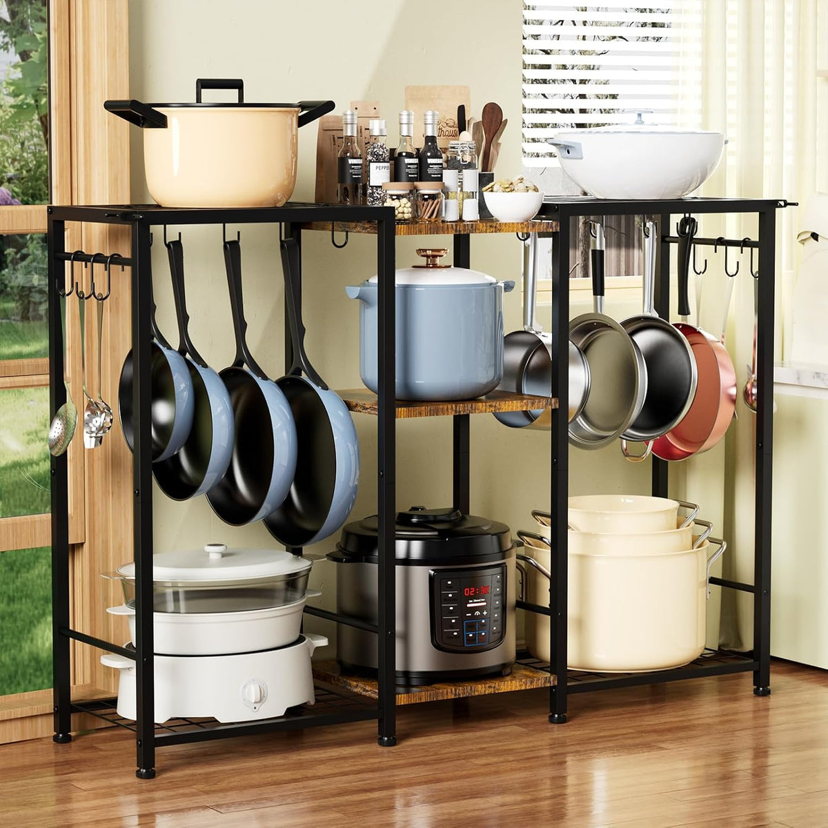 5-Tier Pot and Pan Organizer Rack with Hooks, Heavy-Duty Kitchen Storage Shelf for Cookware, Dishes, and Utensils, Freestanding Metal Pot Rack Organizer for Kitchen, Pantry, or Dining Room