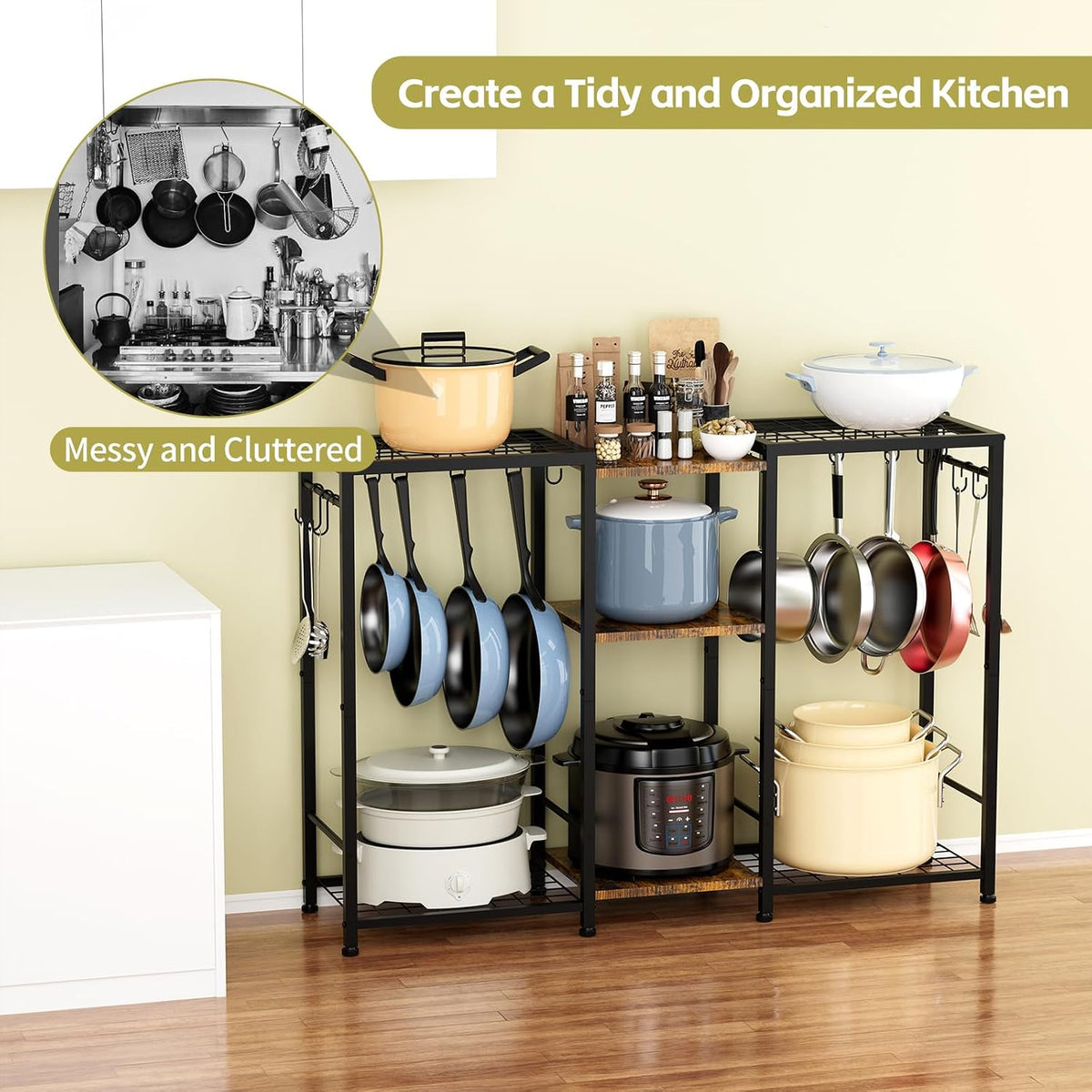 5-Tier Pot and Pan Organizer Rack with Hooks, Heavy-Duty Kitchen Storage Shelf for Cookware, Dishes, and Utensils, Freestanding Metal Pot Rack Organizer for Kitchen, Pantry, or Dining Room