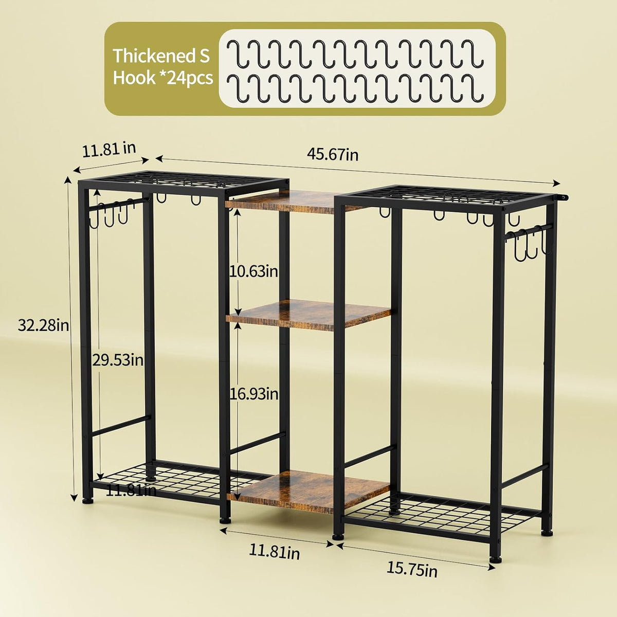 5-Tier Pot and Pan Organizer Rack with Hooks, Heavy-Duty Kitchen Storage Shelf for Cookware, Dishes, and Utensils, Freestanding Metal Pot Rack Organizer for Kitchen, Pantry, or Dining Room