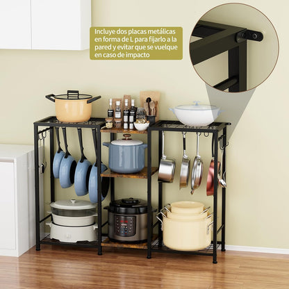 5-Tier Pot and Pan Organizer Rack with Hooks, Heavy-Duty Kitchen Storage Shelf for Cookware, Dishes, and Utensils, Freestanding Metal Pot Rack Organizer for Kitchen, Pantry, or Dining Room