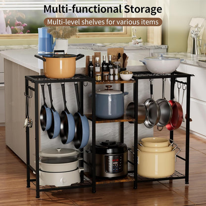 5-Tier Pot and Pan Organizer Rack with Hooks, Heavy-Duty Kitchen Storage Shelf for Cookware, Dishes, and Utensils, Freestanding Metal Pot Rack Organizer for Kitchen, Pantry, or Dining Room