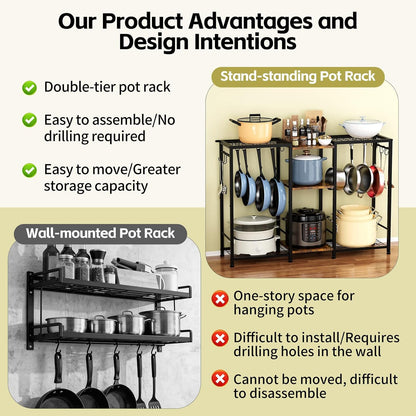 5-Tier Pot and Pan Organizer Rack with Hooks, Heavy-Duty Kitchen Storage Shelf for Cookware, Dishes, and Utensils, Freestanding Metal Pot Rack Organizer for Kitchen, Pantry, or Dining Room
