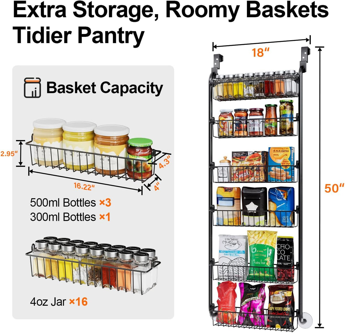 Delamu Over the Door Pantry Organizer, 6-Tier Metal Pantry Door Organization and Storage, Hanging Kitchen Basket Spice Rack Seasoning Shelves, Cabinet Door Organizer for Easy Install,D5xW18xH50inch