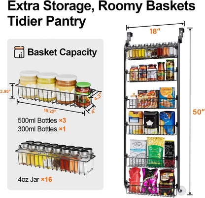 Delamu Over the Door Pantry Organizer, 6-Tier Metal Pantry Door Organization and Storage, Hanging Kitchen Basket Spice Rack Seasoning Shelves, Cabinet Door Organizer for Easy Install,D5xW18xH50inch