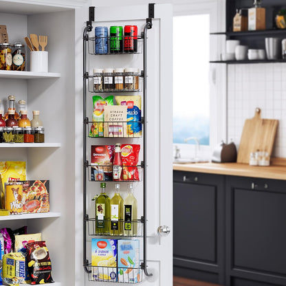 Delamu Over the Door Pantry Organizer, 6-Tier Metal Pantry Door Organization and Storage, Hanging Kitchen Basket Spice Rack Seasoning Shelves, Cabinet Door Organizer for Easy Install,D5xW18xH50inch