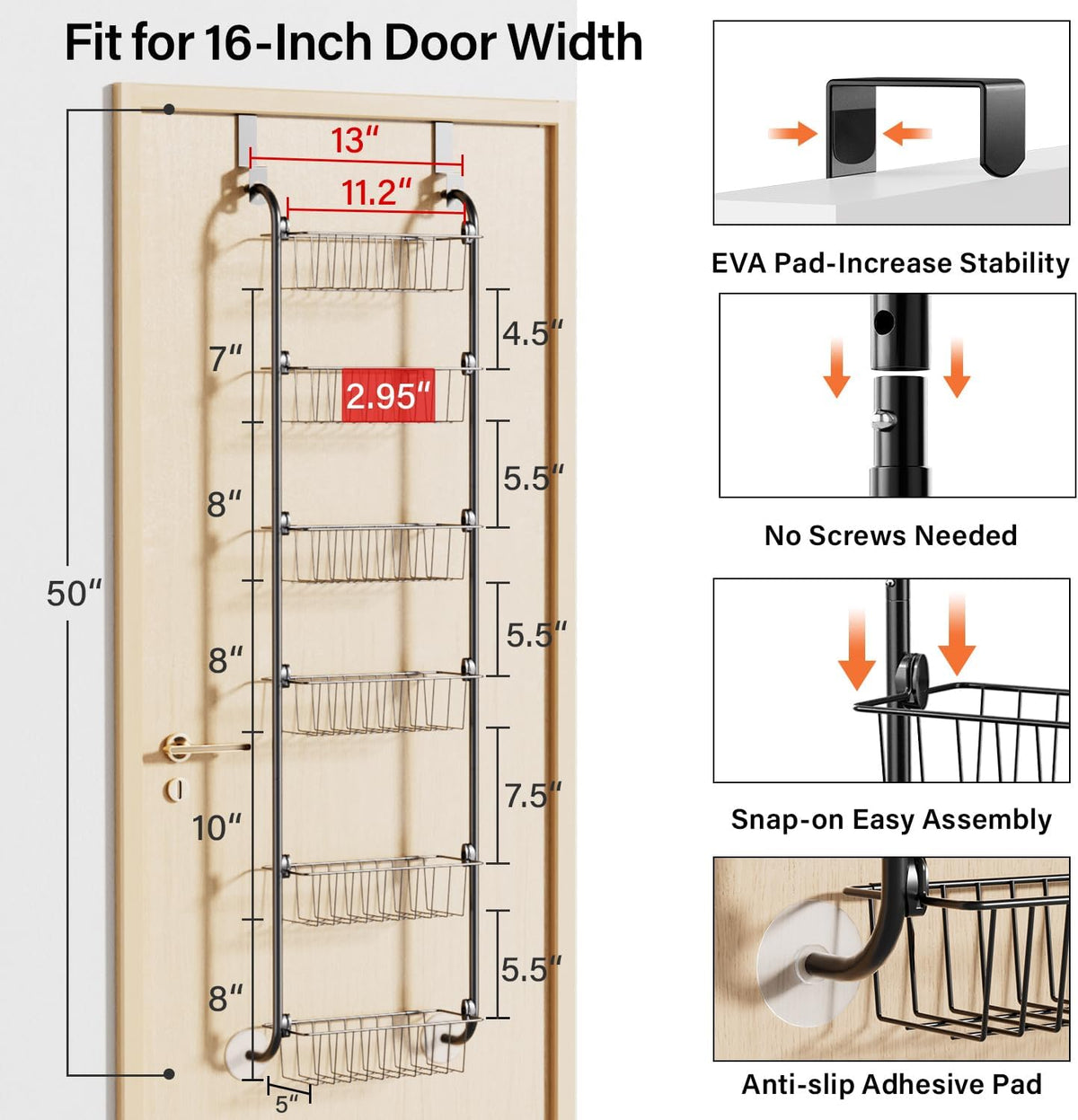 Delamu Over the Door Pantry Organizer, 6-Tier Metal Pantry Door Organization and Storage, Hanging Kitchen Basket Spice Rack Seasoning Shelves, Cabinet Door Organizer for Easy Install,D5xW18xH50inch