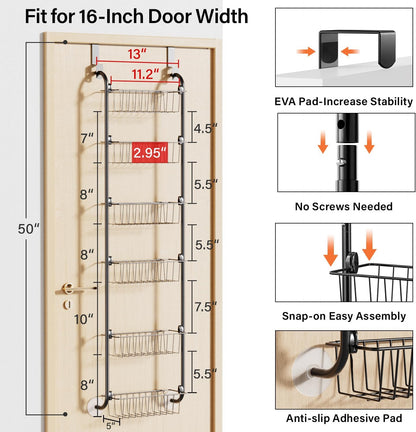 Delamu Over the Door Pantry Organizer, 6-Tier Metal Pantry Door Organization and Storage, Hanging Kitchen Basket Spice Rack Seasoning Shelves, Cabinet Door Organizer for Easy Install,D5xW18xH50inch