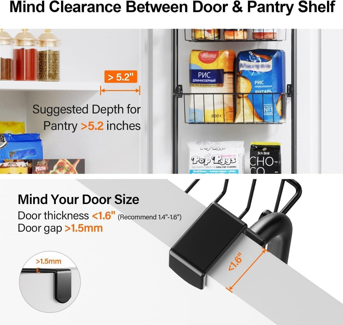 Delamu Over the Door Pantry Organizer, 6-Tier Metal Pantry Door Organization and Storage, Hanging Kitchen Basket Spice Rack Seasoning Shelves, Cabinet Door Organizer for Easy Install,D5xW18xH50inch