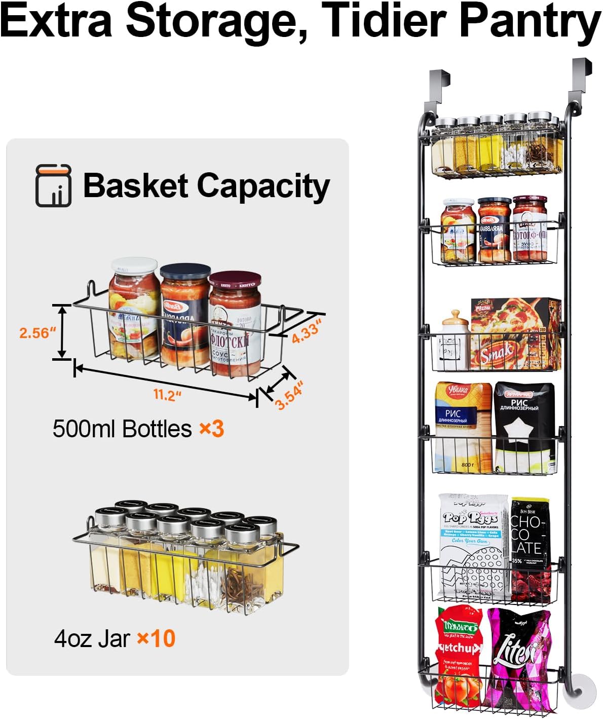 Delamu Over the Door Pantry Organizer, 6-Tier Metal Pantry Door Organization and Storage, Hanging Kitchen Basket Spice Rack Seasoning Shelves, Cabinet Door Organizer for Easy Install,D5xW18xH50inch