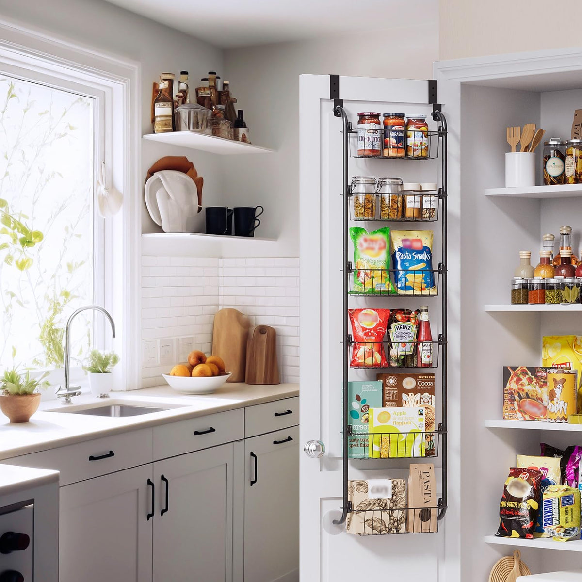 Delamu Over the Door Pantry Organizer, 6-Tier Metal Pantry Door Organization and Storage, Hanging Kitchen Basket Spice Rack Seasoning Shelves, Cabinet Door Organizer for Easy Install,D5xW18xH50inch