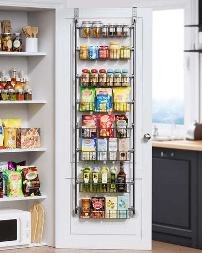 Delamu Over the Door Pantry Organizer, 6-Tier Metal Pantry Door Organization and Storage, Hanging Kitchen Basket Spice Rack Seasoning Shelves, Cabinet Door Organizer for Easy Install,D5xW18xH50inch