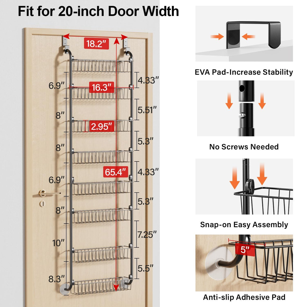 Delamu Over the Door Pantry Organizer, 6-Tier Metal Pantry Door Organization and Storage, Hanging Kitchen Basket Spice Rack Seasoning Shelves, Cabinet Door Organizer for Easy Install,D5xW18xH50inch