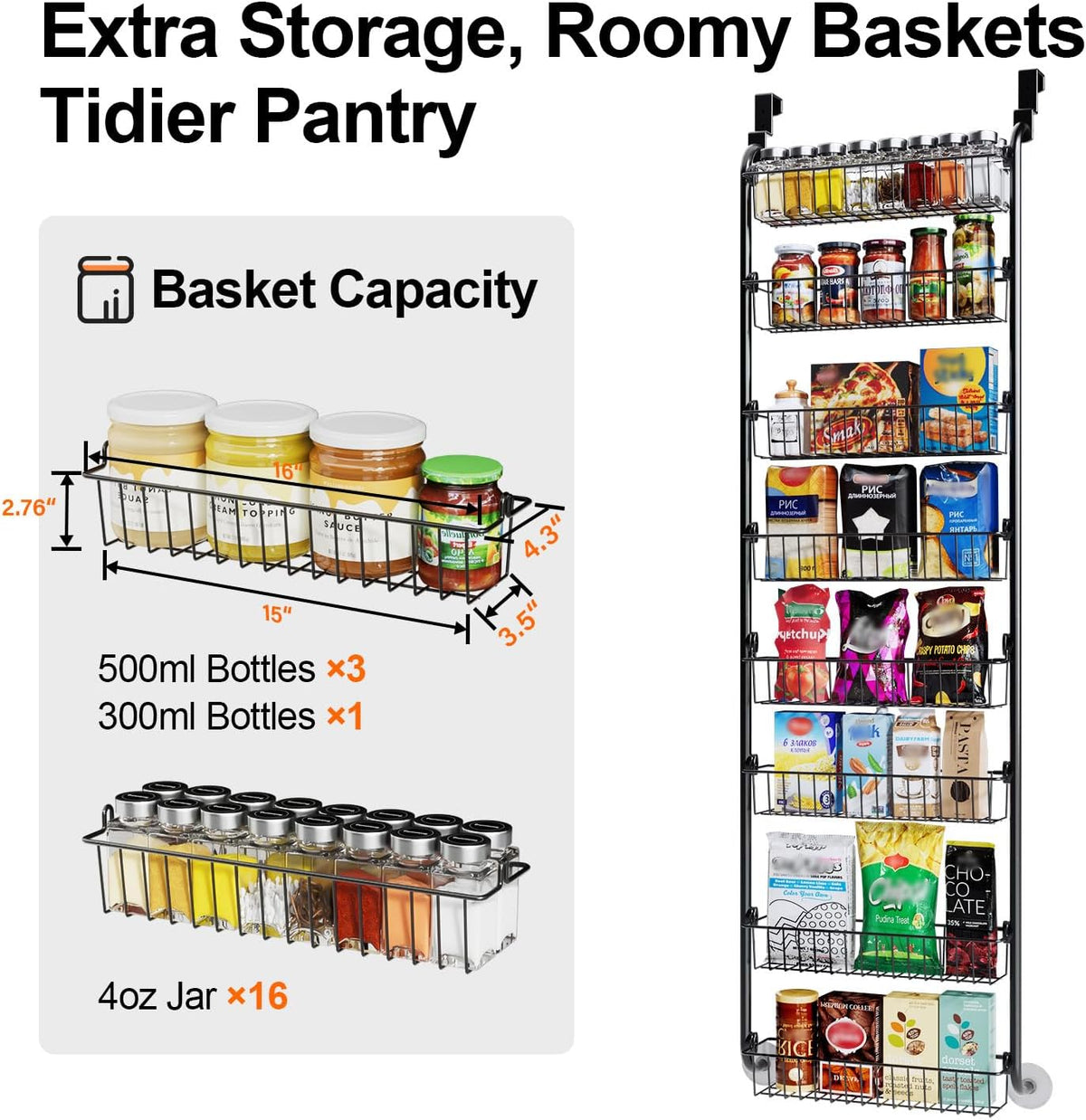Delamu Over the Door Pantry Organizer, 6-Tier Metal Pantry Door Organization and Storage, Hanging Kitchen Basket Spice Rack Seasoning Shelves, Cabinet Door Organizer for Easy Install,D5xW18xH50inch