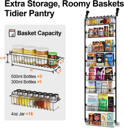 Delamu Over the Door Pantry Organizer, 6-Tier Metal Pantry Door Organization and Storage, Hanging Kitchen Basket Spice Rack Seasoning Shelves, Cabinet Door Organizer for Easy Install,D5xW18xH50inch