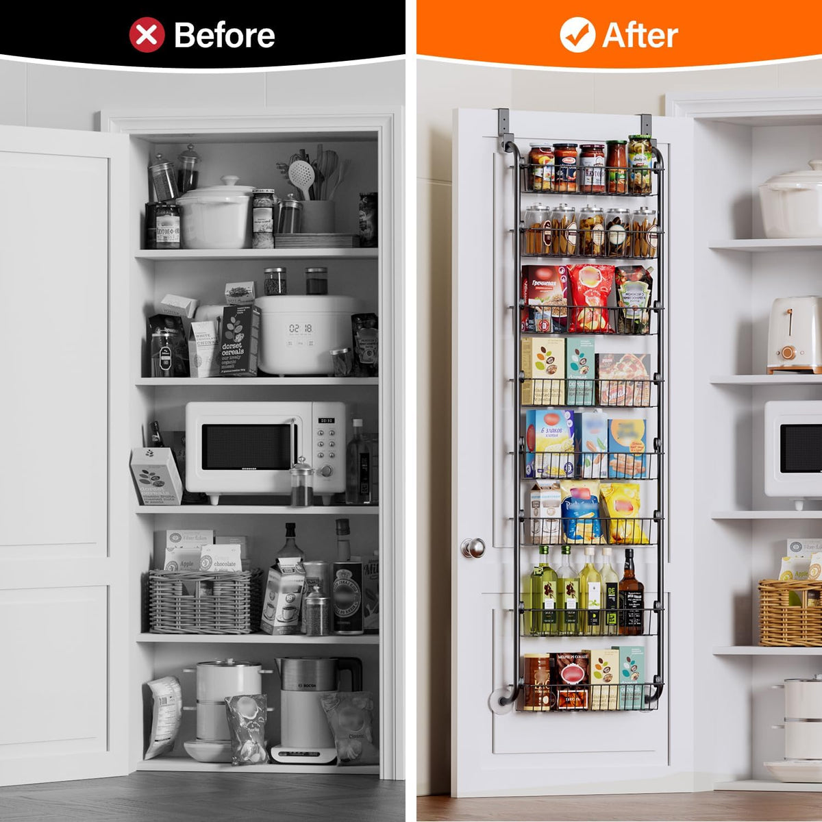 Delamu Over the Door Pantry Organizer, 6-Tier Metal Pantry Door Organization and Storage, Hanging Kitchen Basket Spice Rack Seasoning Shelves, Cabinet Door Organizer for Easy Install,D5xW18xH50inch