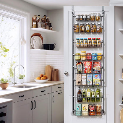 Delamu Over the Door Pantry Organizer, 6-Tier Metal Pantry Door Organization and Storage, Hanging Kitchen Basket Spice Rack Seasoning Shelves, Cabinet Door Organizer for Easy Install,D5xW18xH50inch