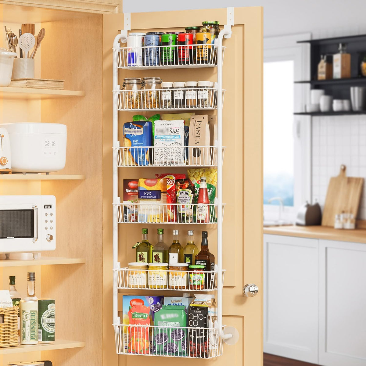 Delamu Over the Door Pantry Organizer, 6-Tier Metal Pantry Door Organization and Storage, Hanging Kitchen Basket Spice Rack Seasoning Shelves, Cabinet Door Organizer for Easy Install,D5xW18xH50inch