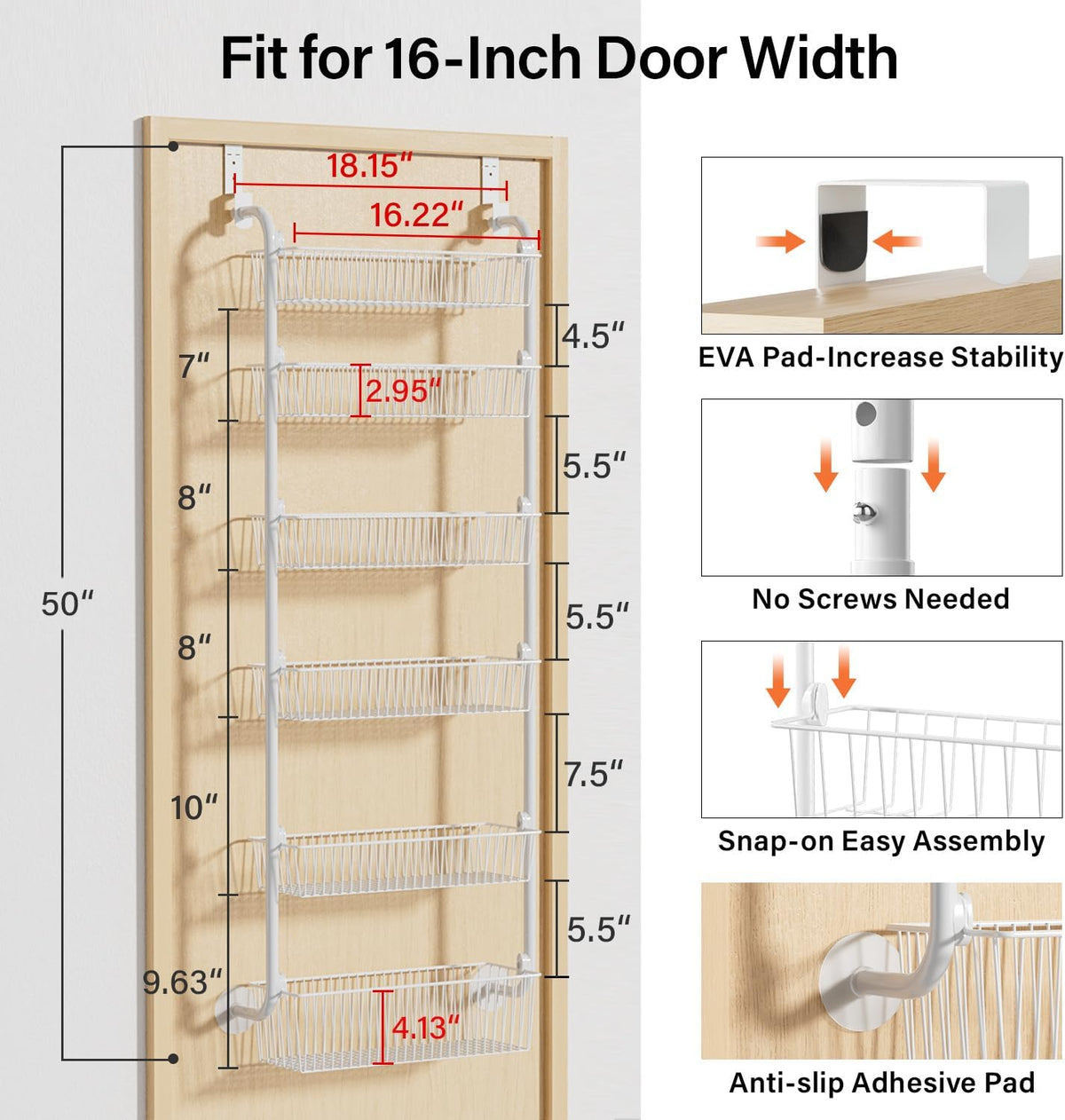Delamu Over the Door Pantry Organizer, 6-Tier Metal Pantry Door Organization and Storage, Hanging Kitchen Basket Spice Rack Seasoning Shelves, Cabinet Door Organizer for Easy Install,D5xW18xH50inch