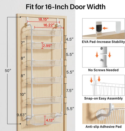 Delamu Over the Door Pantry Organizer, 6-Tier Metal Pantry Door Organization and Storage, Hanging Kitchen Basket Spice Rack Seasoning Shelves, Cabinet Door Organizer for Easy Install,D5xW18xH50inch