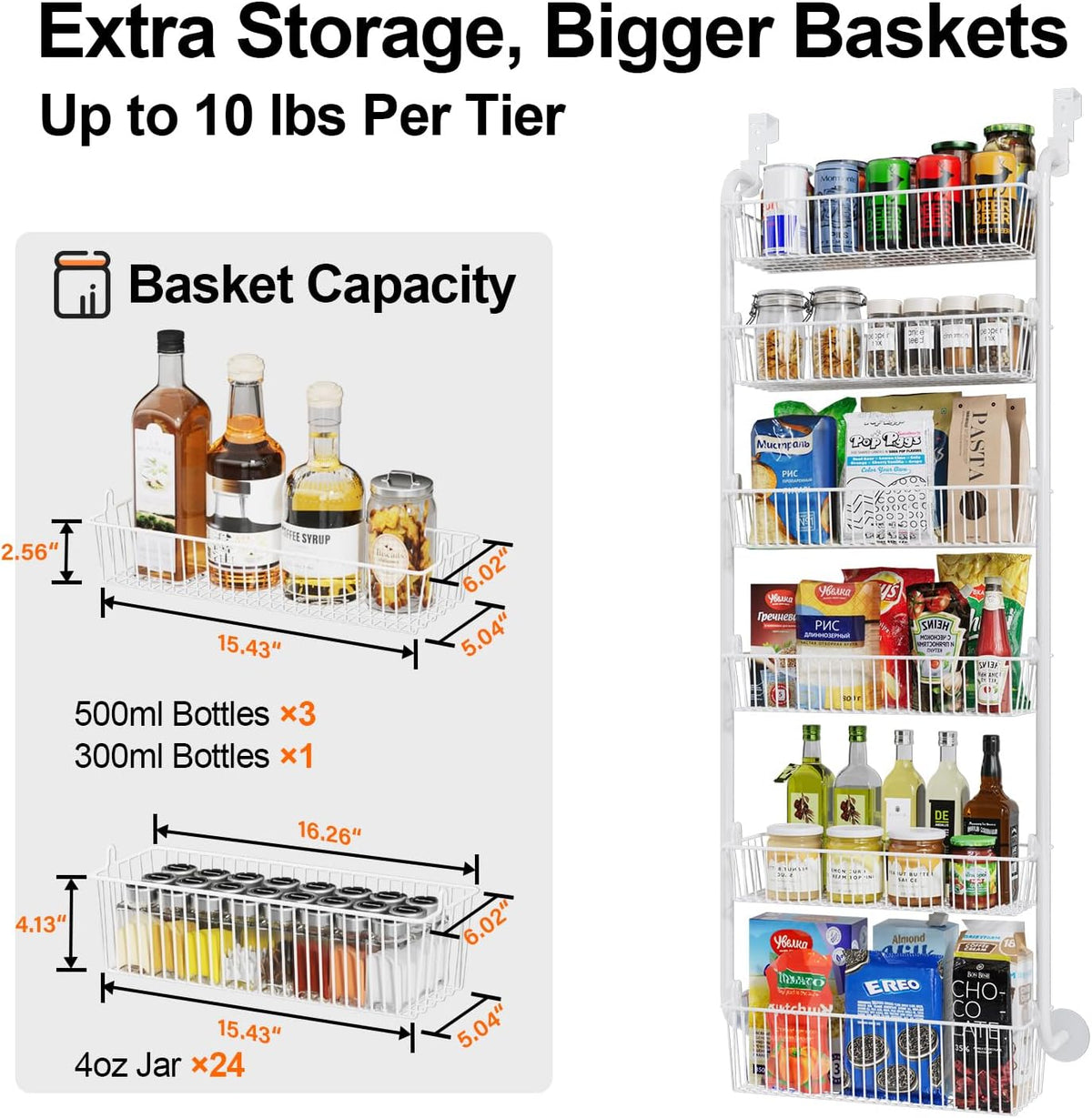Delamu Over the Door Pantry Organizer, 6-Tier Metal Pantry Door Organization and Storage, Hanging Kitchen Basket Spice Rack Seasoning Shelves, Cabinet Door Organizer for Easy Install,D5xW18xH50inch