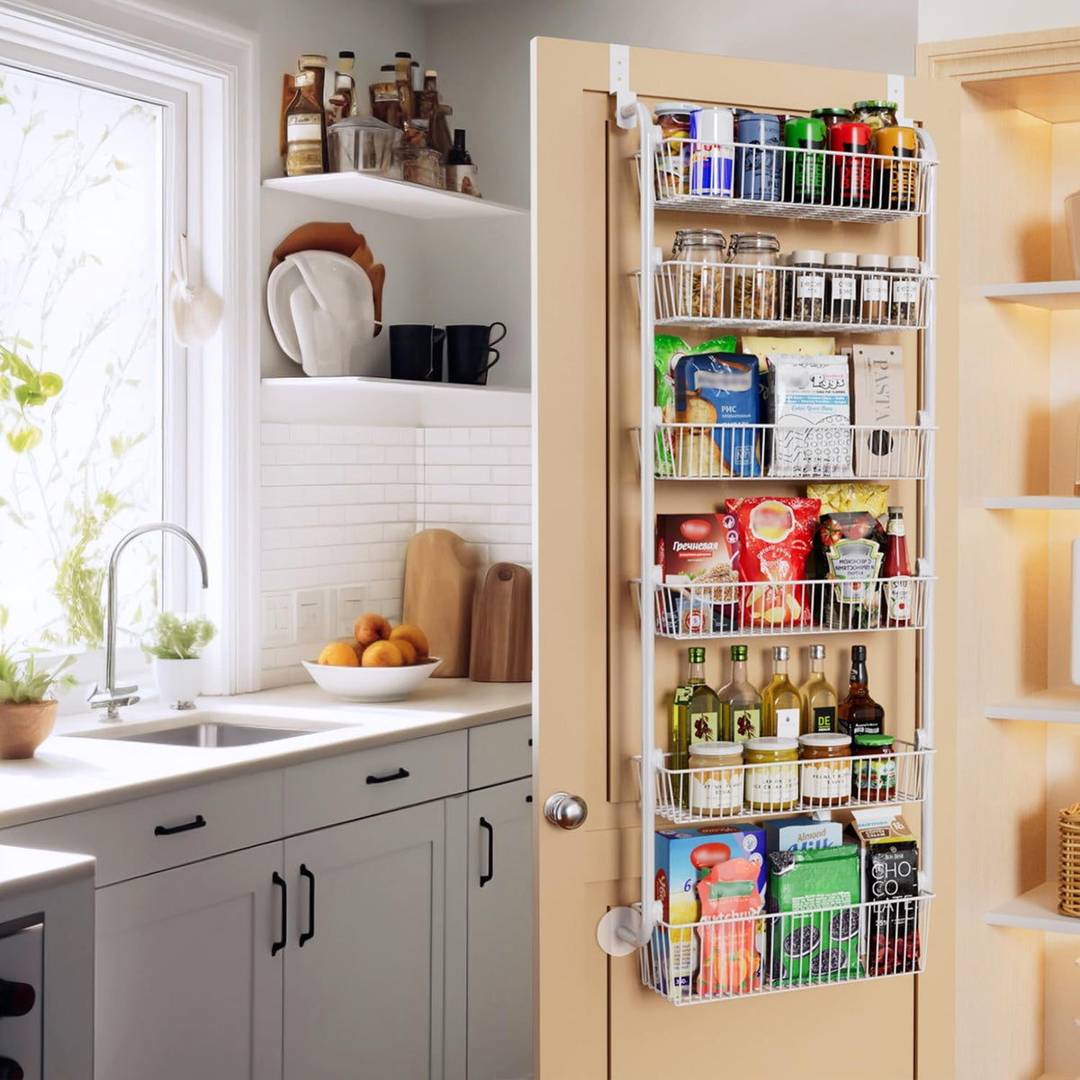 Delamu Over the Door Pantry Organizer, 6-Tier Metal Pantry Door Organization and Storage, Hanging Kitchen Basket Spice Rack Seasoning Shelves, Cabinet Door Organizer for Easy Install,D5xW18xH50inch