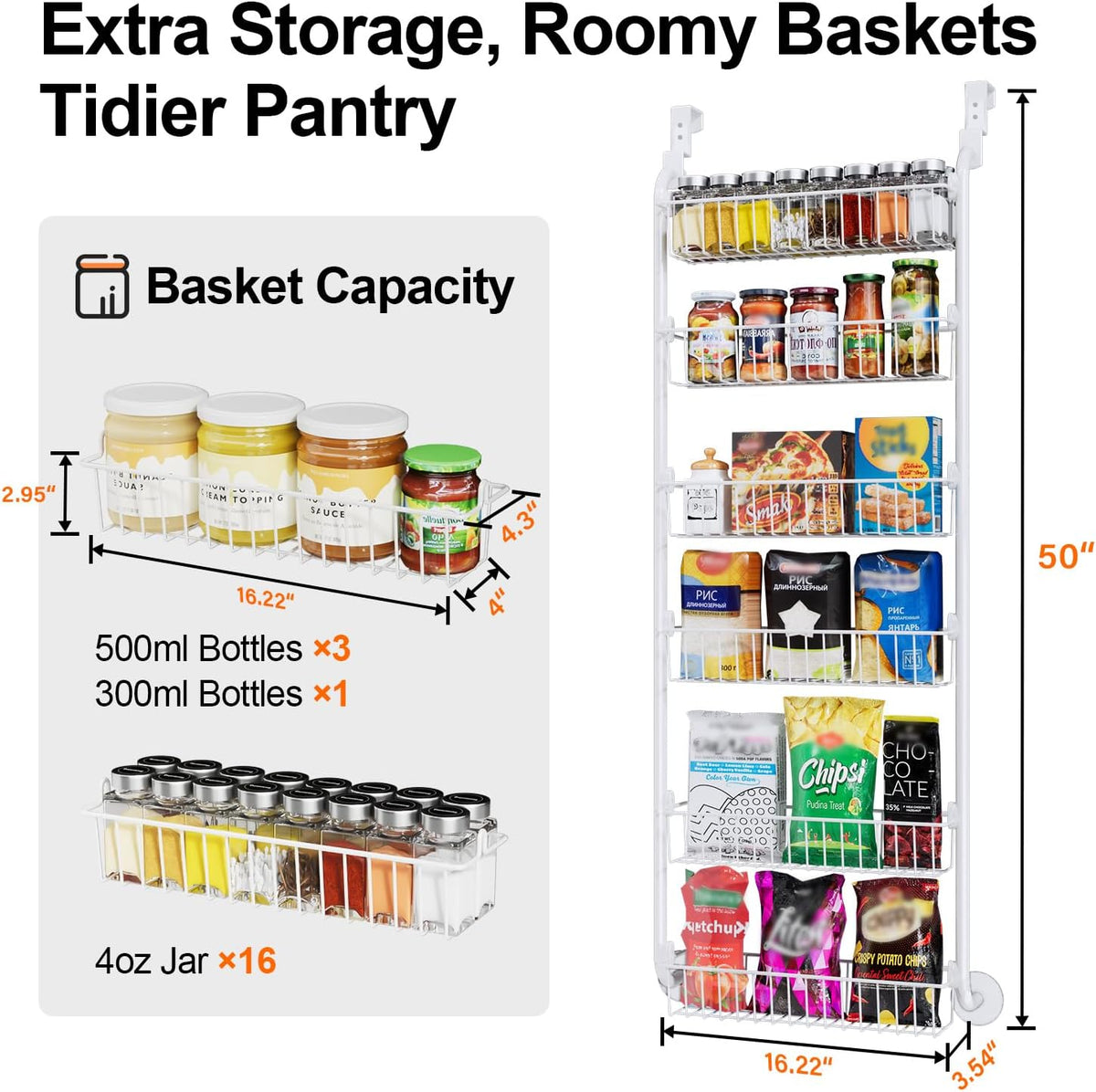 Delamu Over the Door Pantry Organizer, 6-Tier Metal Pantry Door Organization and Storage, Hanging Kitchen Basket Spice Rack Seasoning Shelves, Cabinet Door Organizer for Easy Install,D5xW18xH50inch