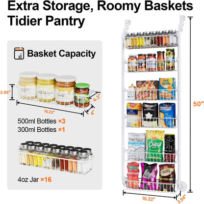 Delamu Over the Door Pantry Organizer, 6-Tier Metal Pantry Door Organization and Storage, Hanging Kitchen Basket Spice Rack Seasoning Shelves, Cabinet Door Organizer for Easy Install,D5xW18xH50inch