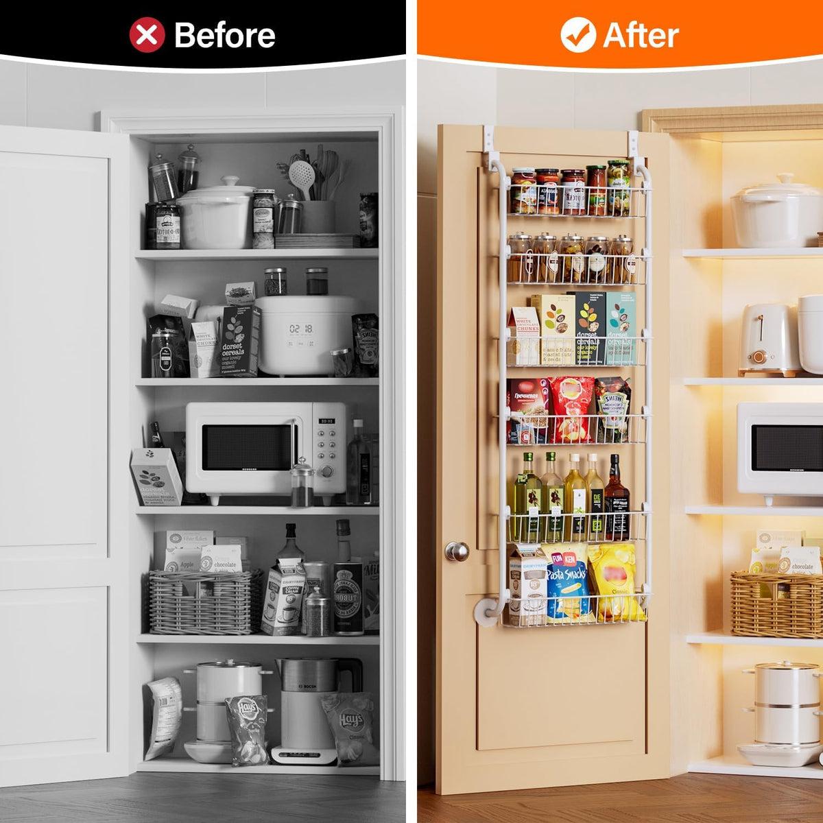 Delamu Over the Door Pantry Organizer, 6-Tier Metal Pantry Door Organization and Storage, Hanging Kitchen Basket Spice Rack Seasoning Shelves, Cabinet Door Organizer for Easy Install,D5xW18xH50inch