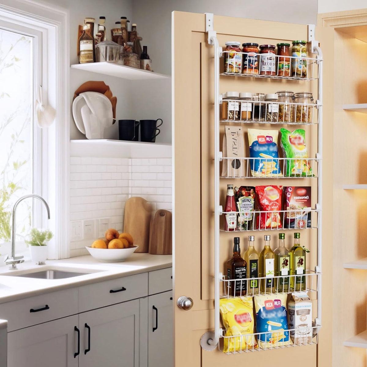 Delamu Over the Door Pantry Organizer, 6-Tier Metal Pantry Door Organization and Storage, Hanging Kitchen Basket Spice Rack Seasoning Shelves, Cabinet Door Organizer for Easy Install,D5xW18xH50inch