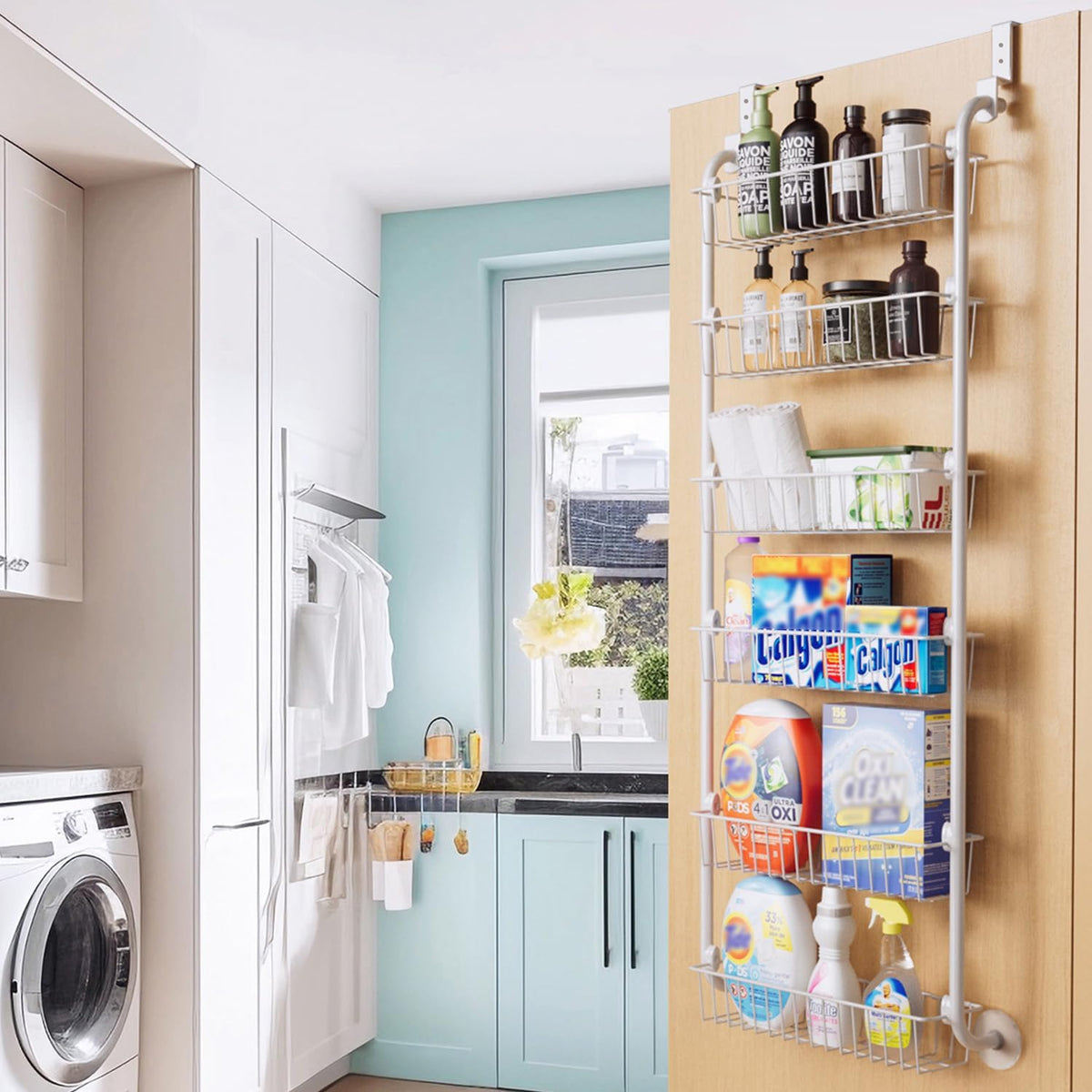 Delamu Over the Door Pantry Organizer, 6-Tier Metal Pantry Door Organization and Storage, Hanging Kitchen Basket Spice Rack Seasoning Shelves, Cabinet Door Organizer for Easy Install,D5xW18xH50inch