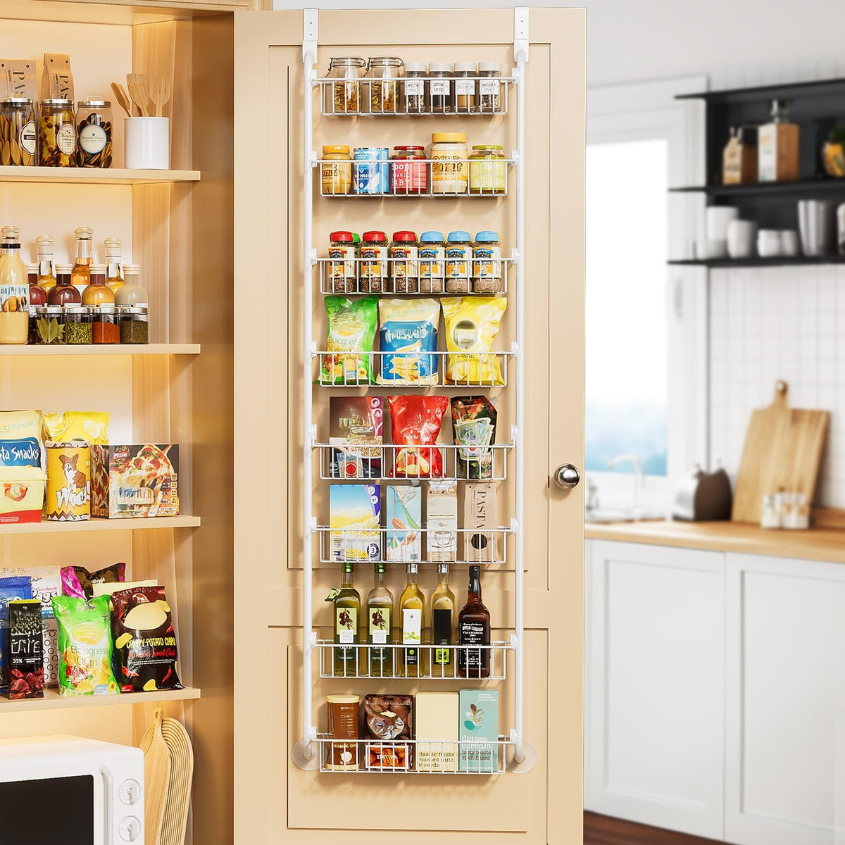 Delamu Over the Door Pantry Organizer, 6-Tier Metal Pantry Door Organization and Storage, Hanging Kitchen Basket Spice Rack Seasoning Shelves, Cabinet Door Organizer for Easy Install,D5xW18xH50inch